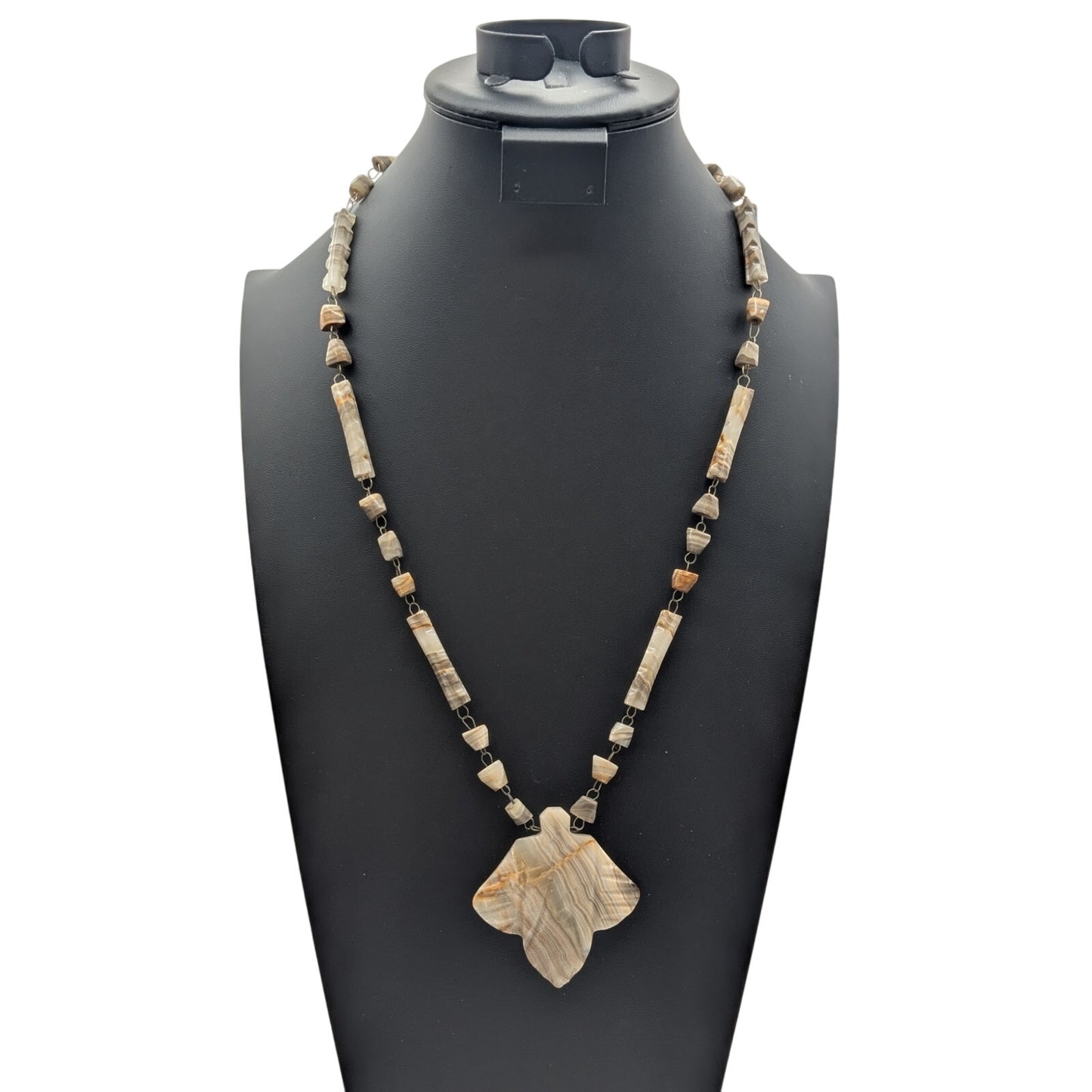 Vintage Mexican Carved Onyx Aztec Mayan Pendant Stone Over the Head 26" Necklace