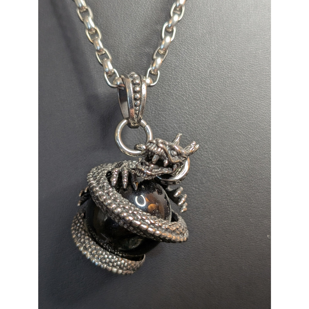 Dragon Obsidian Pendant On Heavy Silver Tone Rolo Link Chain 22" Necklace