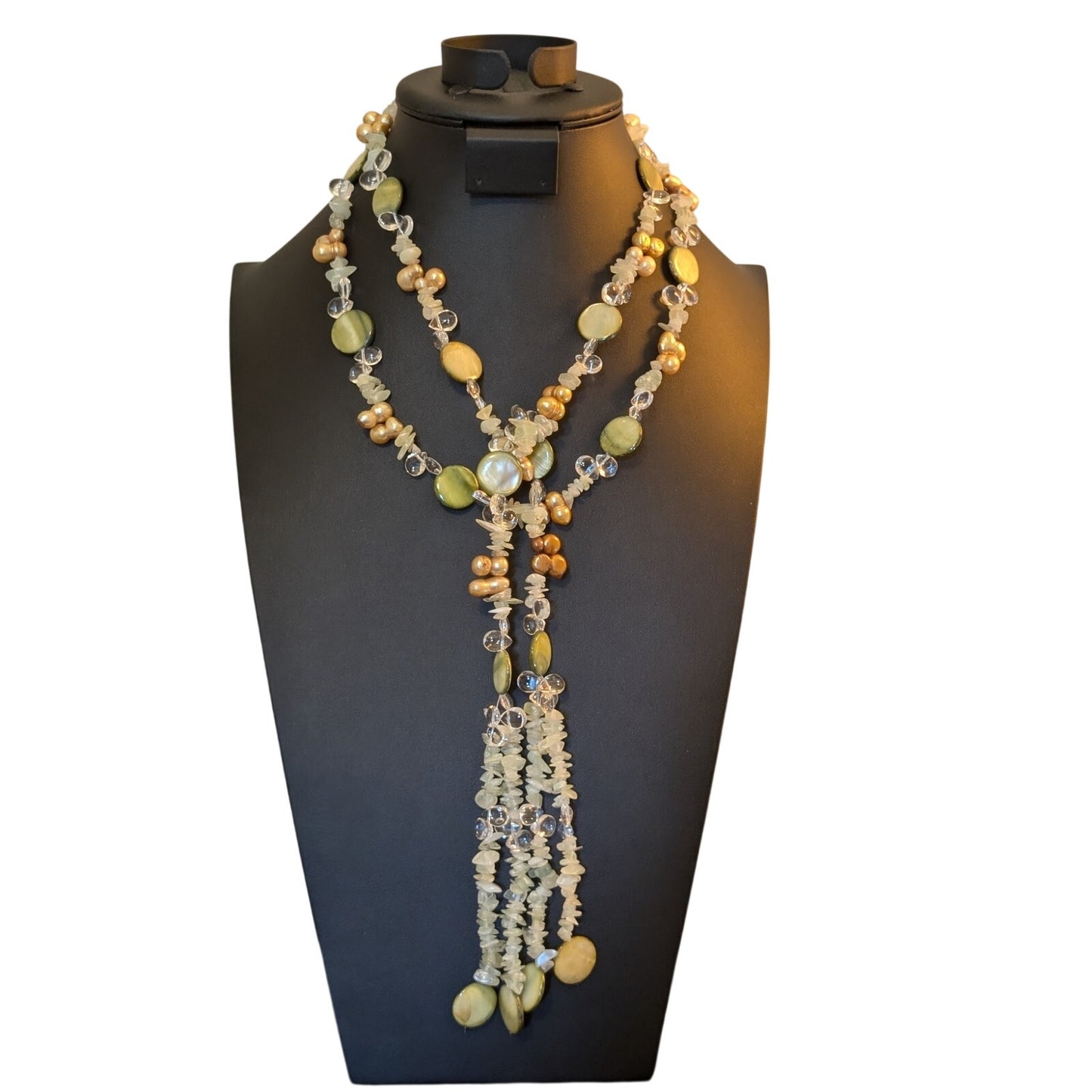 58" Long Green Coin Shell Stone Chip Gold Pearl Glass Teardrop Lariat Necklace