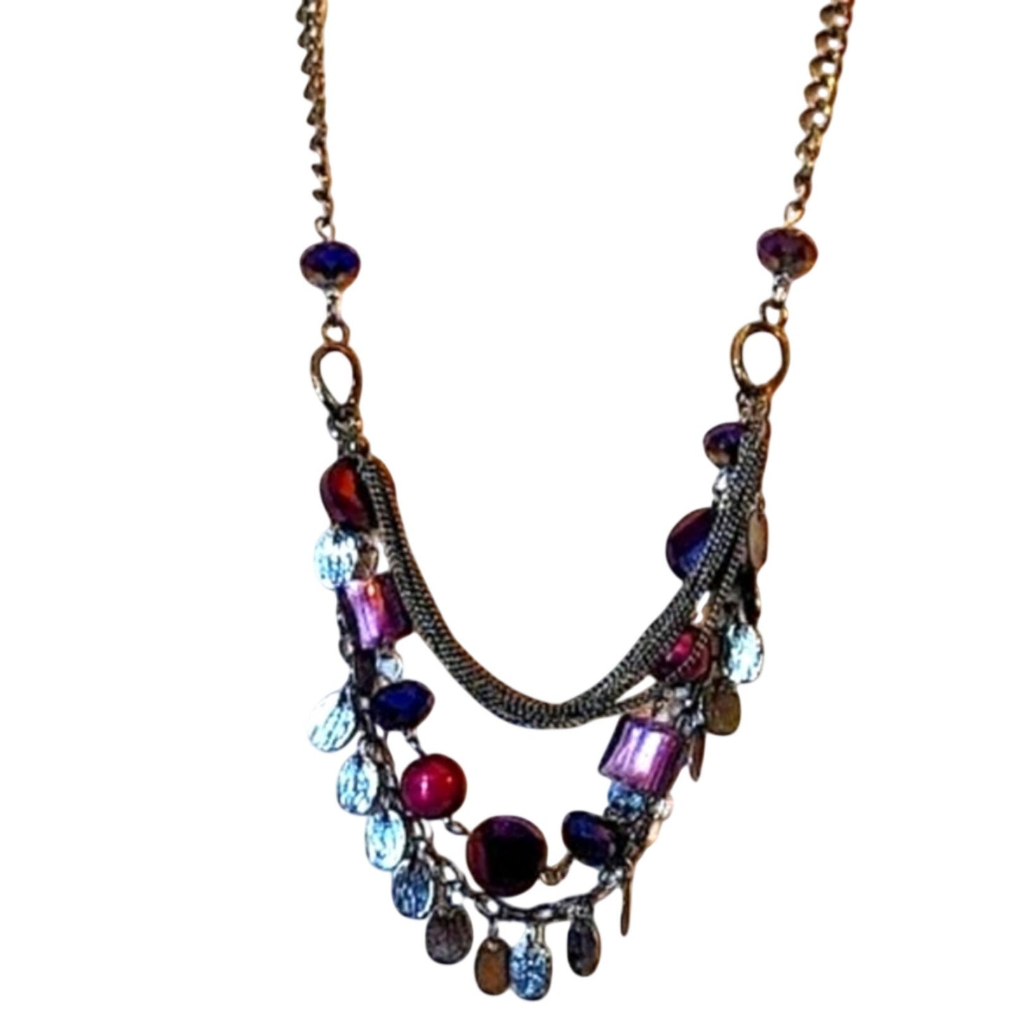 Three strand Gun Metal Chains with Shades of Purple Necklace