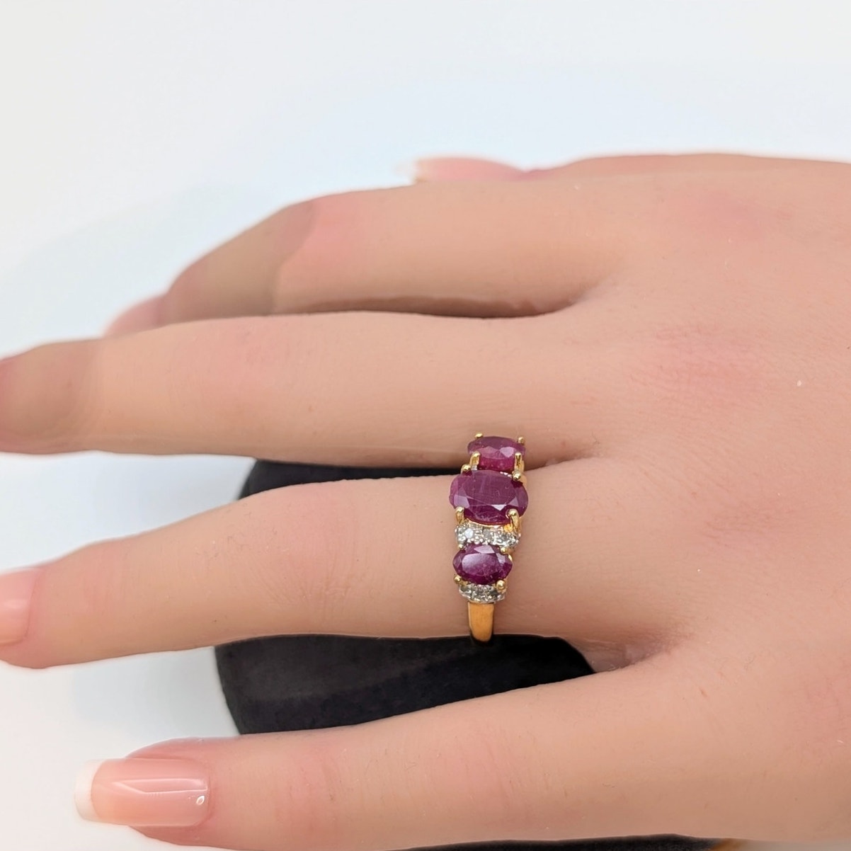 925 Vermeil (Yellow) Three Ruby & Diamond Ring Size 7