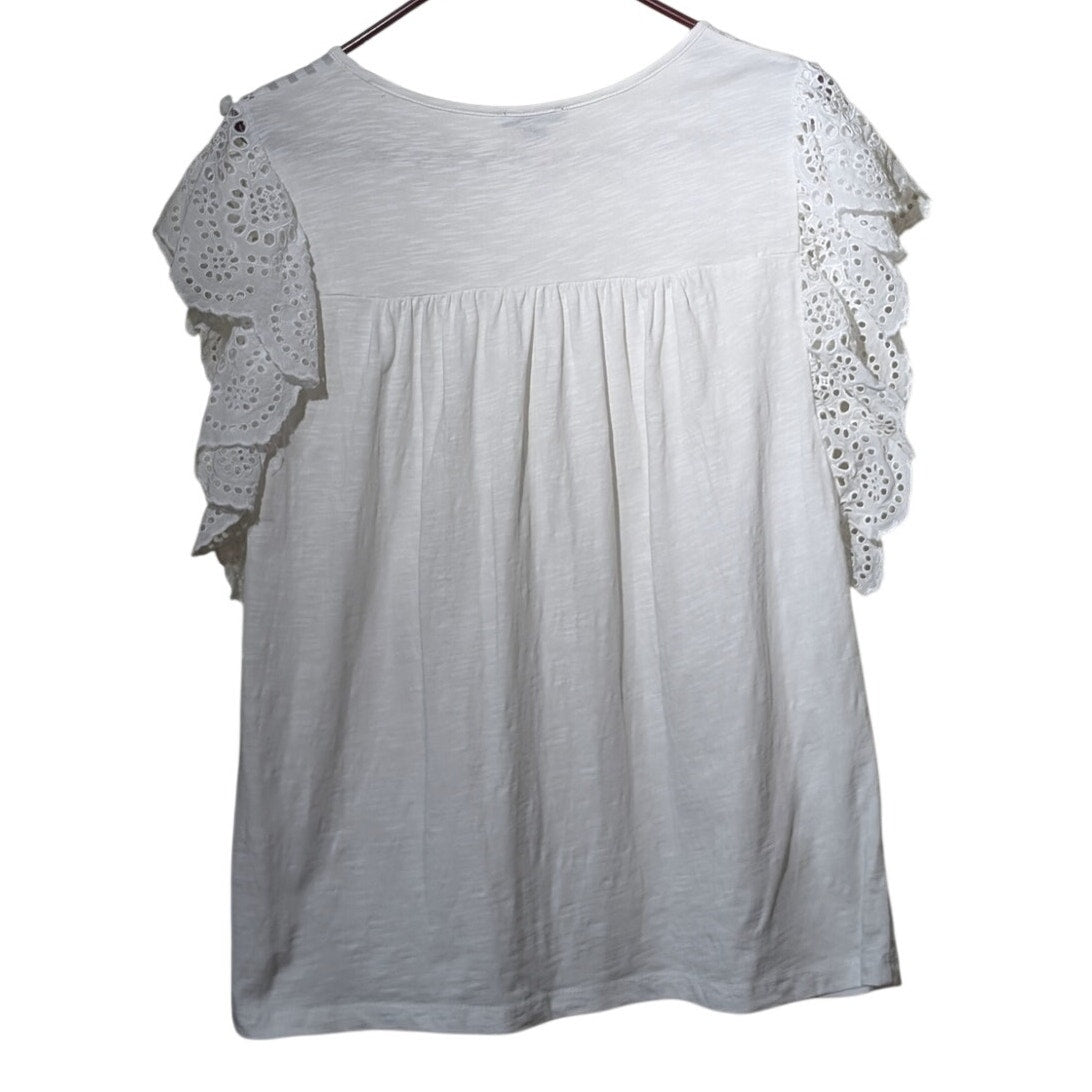 J. Crew White Flutter Eyelet Lace Pom Pom Knit Top Womens Size L