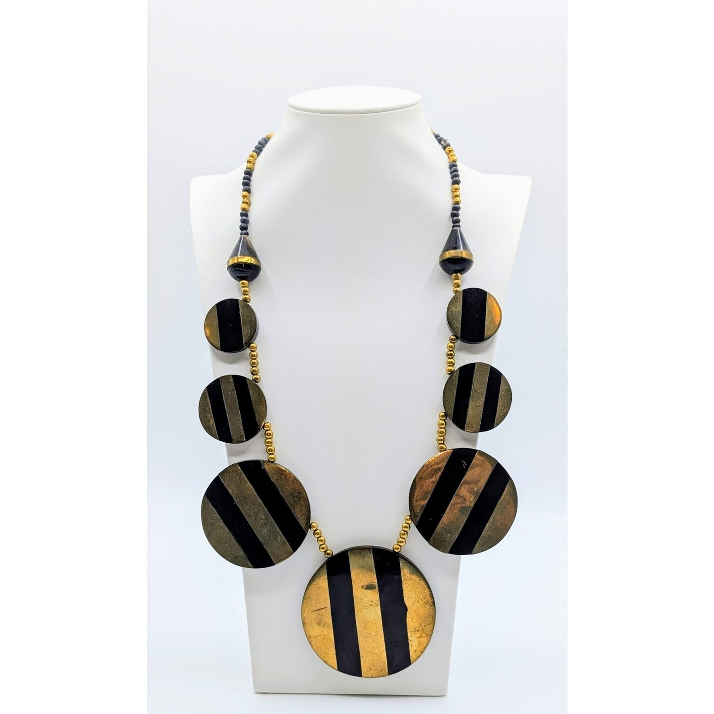 Vtg Tribal Black & Brass Striped Beaded Chunky Necklace & One Matching Earring