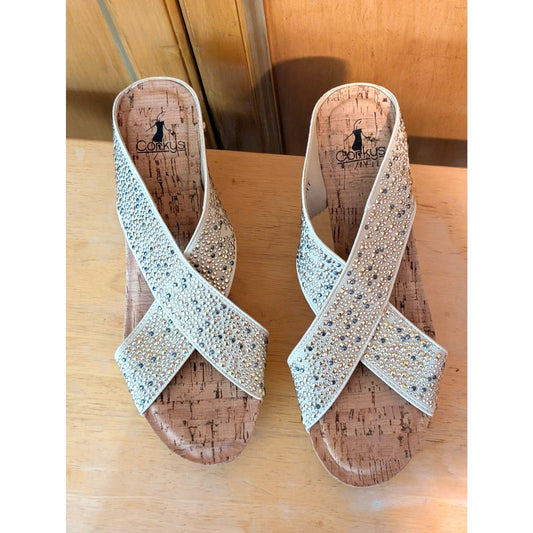 Corkys Summit Metallic Studs Criss Cross Wedge Open Toe Sandals Size 8