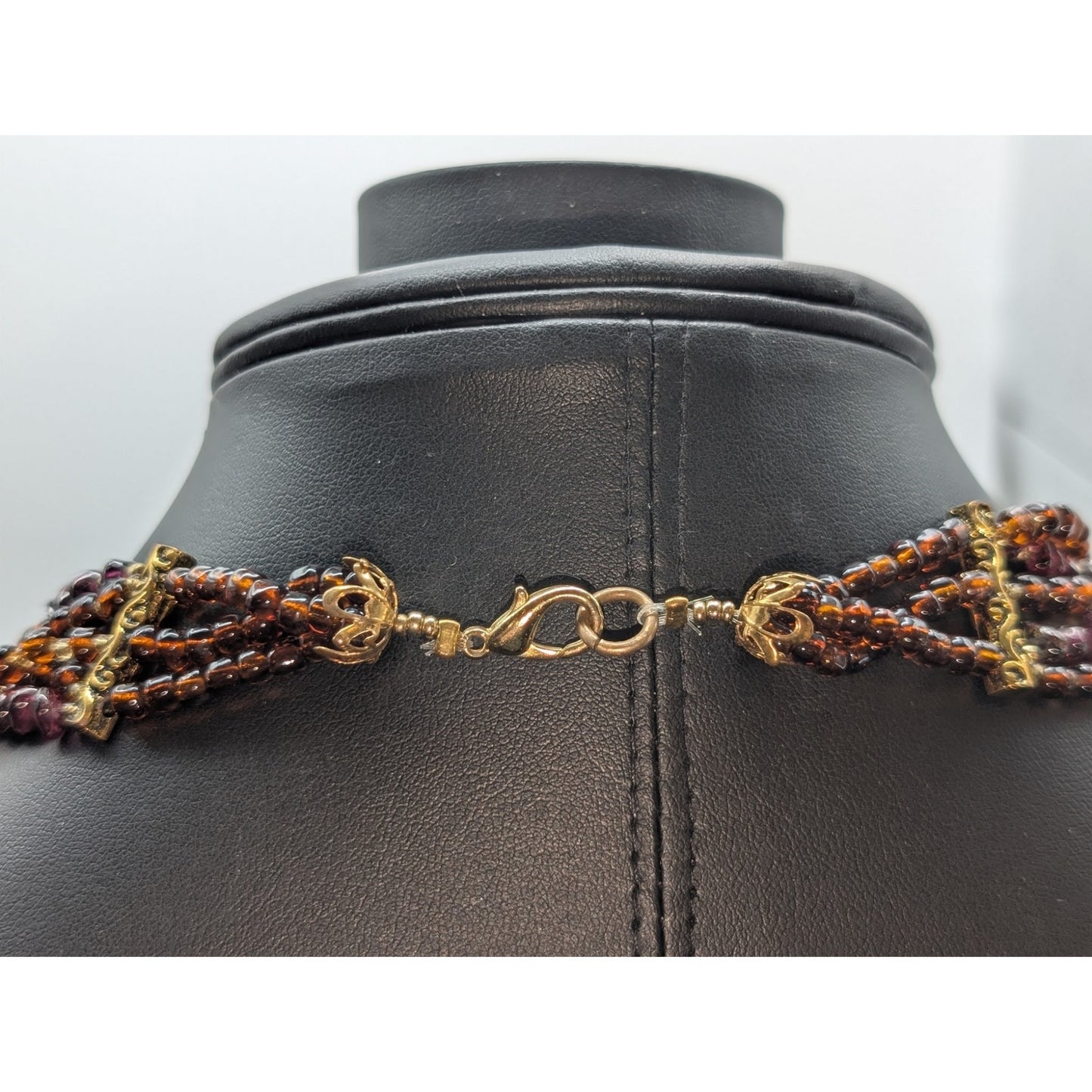Vintage Five Strand Brown Glass Bead Garnet Chip & Gold Bead 24" Necklace
