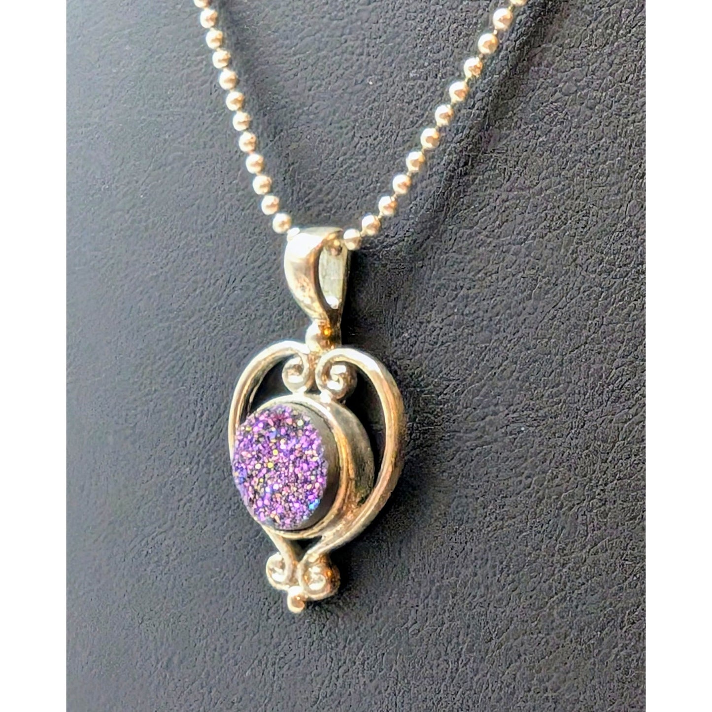 Signed Sajen 925 Sterling Blue Purple Druzy Pendant Bead Ball Chain 18" Necklace