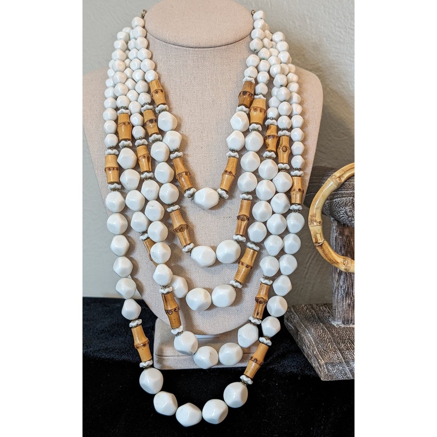 Signed Hobe Five Strand White & Bamboo Bead Vintage Necklace