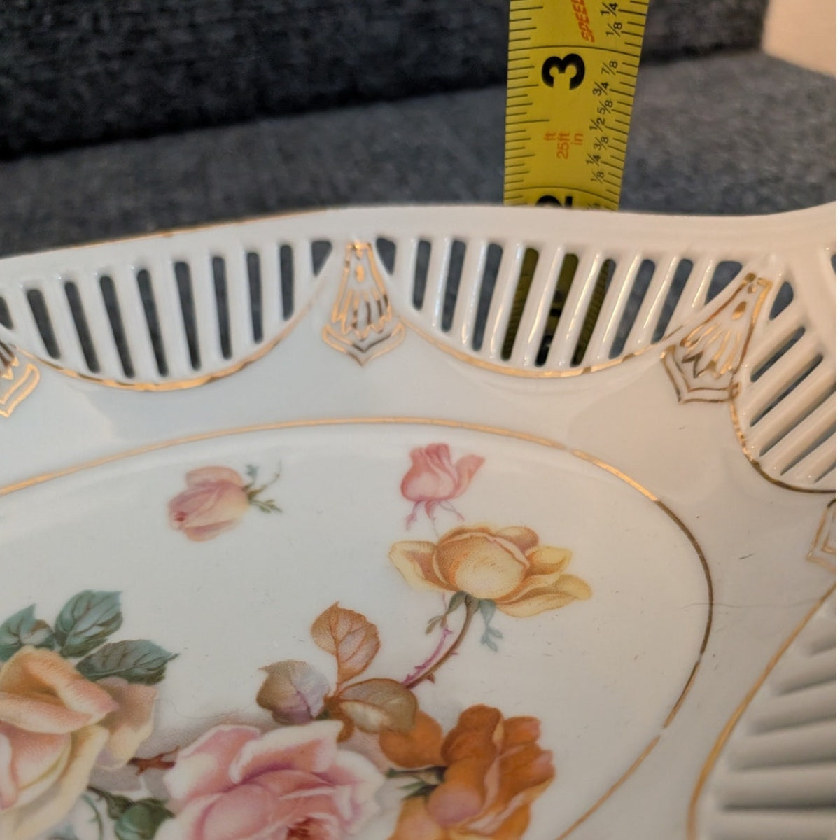 Vintage German Porcelain Pierced Lattice Rose Floral Bread Serving Bowl