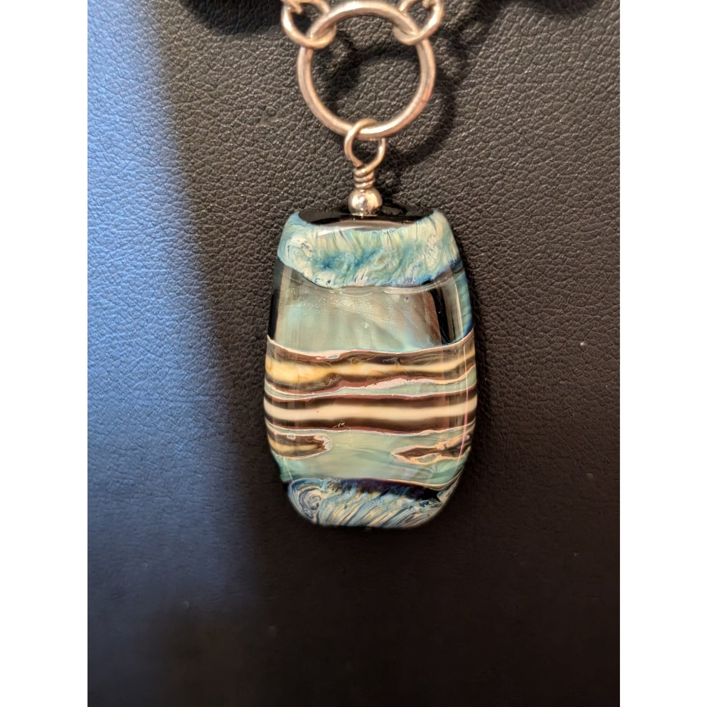 Signed 'Moon' Turquoise Brown Cream Striped Lampwork Bead Sterling Necklace