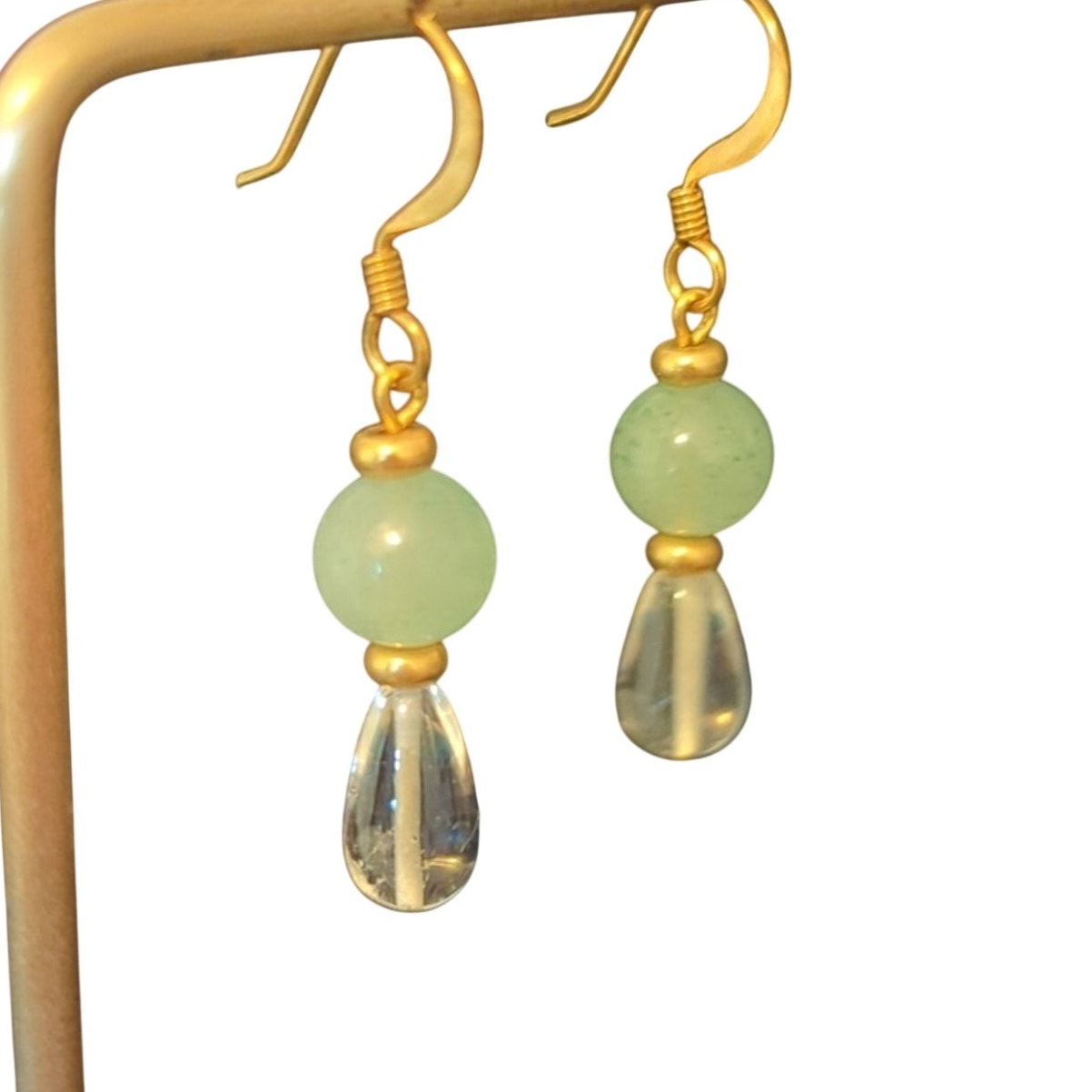 Handmade Adventurine & Glass French Wire Gold Tone Dangle Earrings