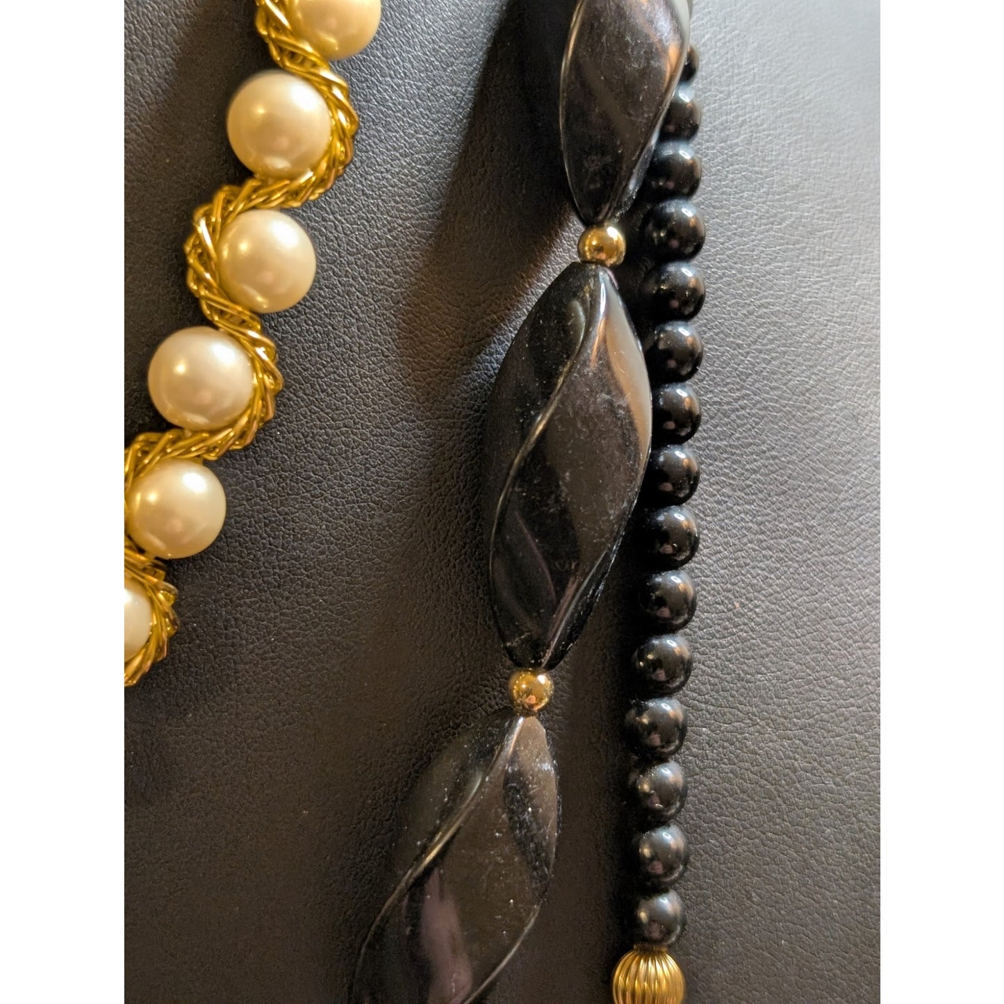 Lot of Three Cream Black Gold Layering Necklaces