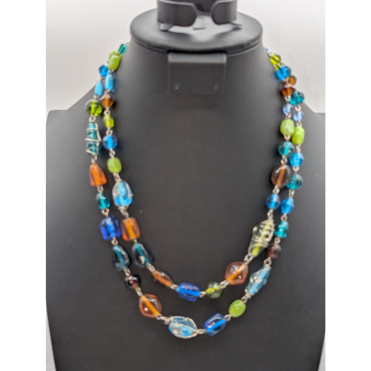 Vintage Silver Tone Wire Wrapped Multi-Color Glass Bead Double Strand Necklace
