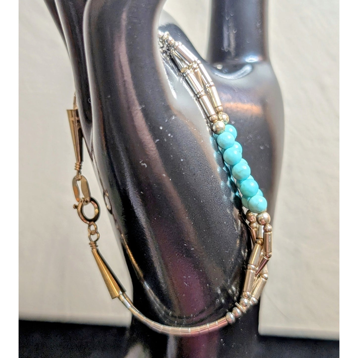 VTG Navajo Signed Turquoise Bead Three Strand Liquid Sterling Silver Bracelet
