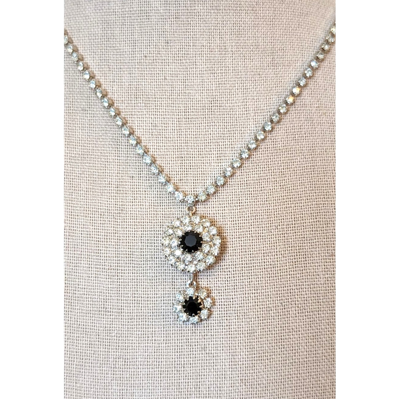Vintage Black & White Double Drop Pendant Rhinestone Necklace W/ Foldover Clasp