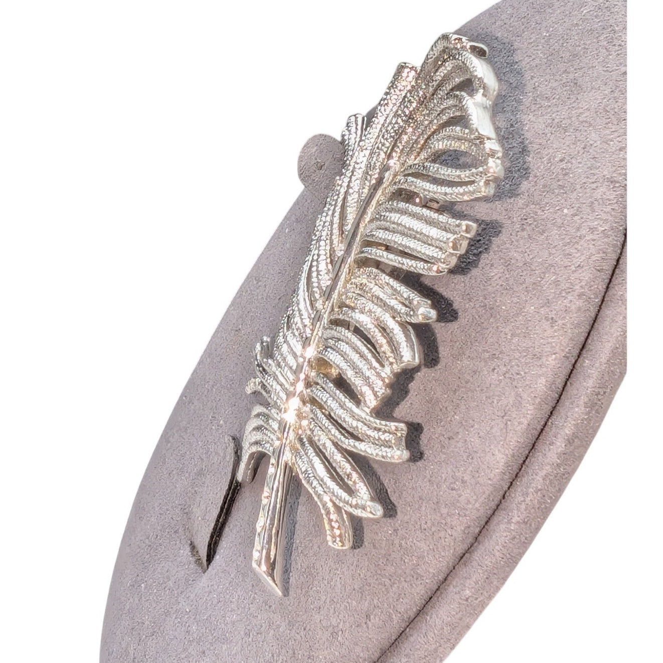 Vintage Monet Silver Tone Textured Rhinestone Feather Brooch Pin