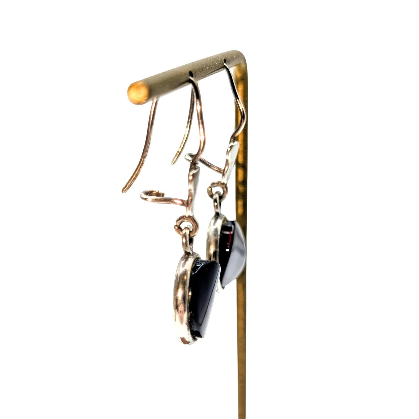 Vintage 925 Sterling Silver Brown Glass Kidney Wire Pierced Dangle Earrings