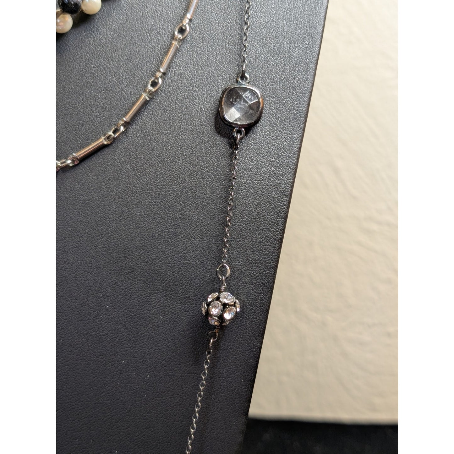 Lot of Three Layered Black White Silver Gunmetal Crystal Pearl Necklaces