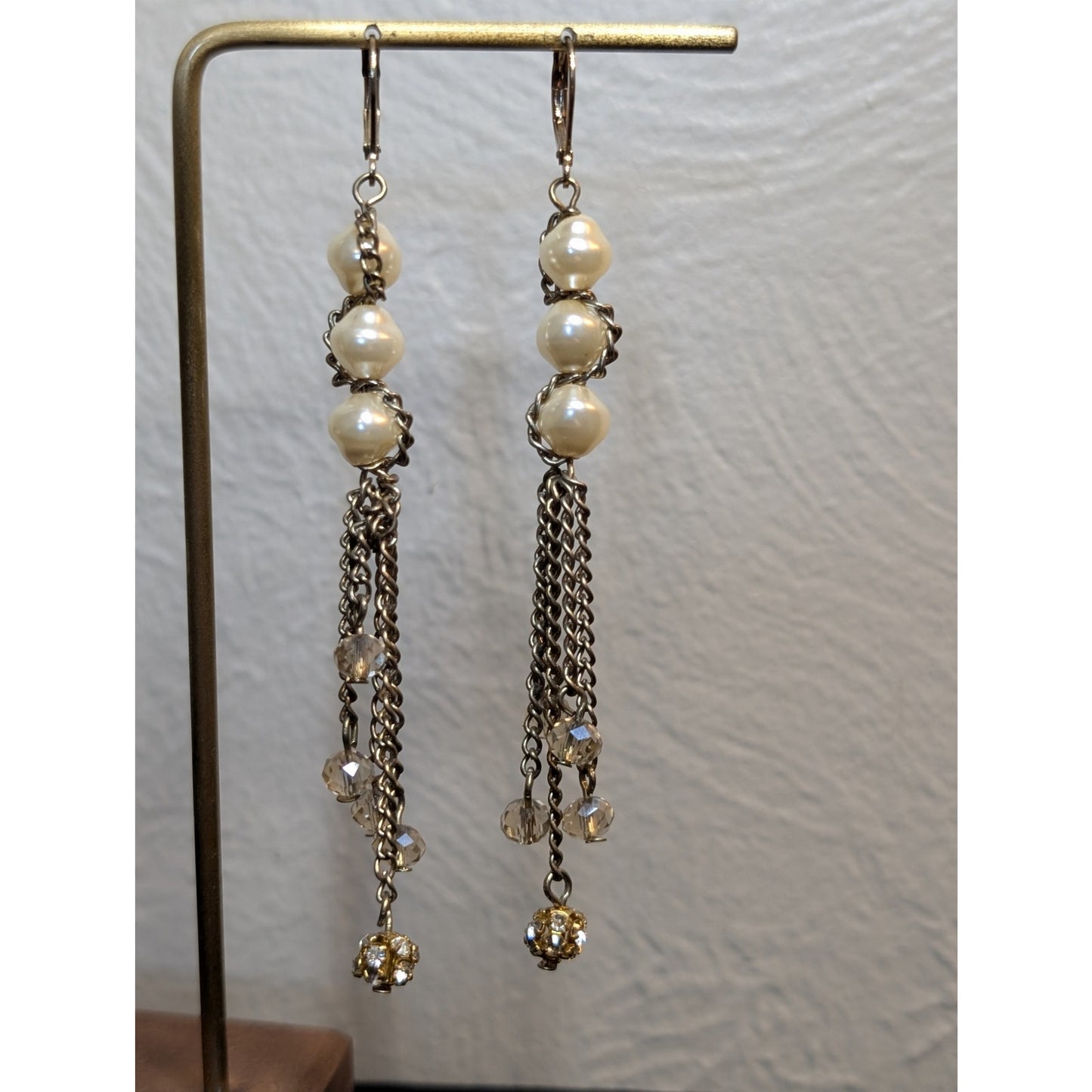 VTG Faux Pearl Crystal Disco Rhinestone Ball Chain Dangle Lever Back Earrings