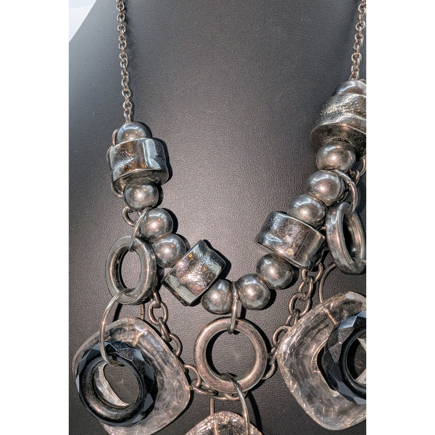 Chunky Geometrical Gun Metal Crackled Clear & Black Loopy Bead Chain Necklace