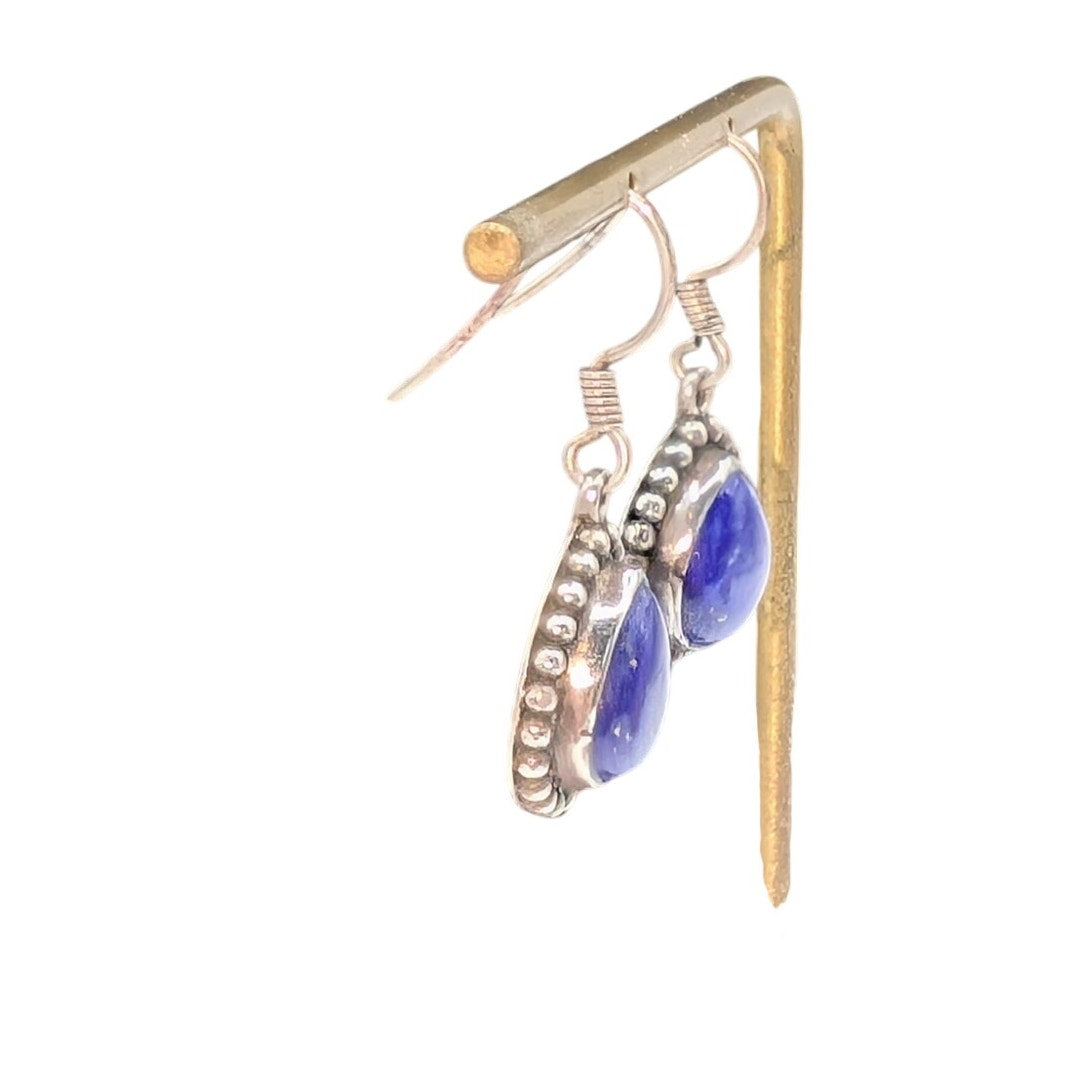 Vintage Lapis Lazuli Beaded 925 Sterling Silver Wire Dangle Earrings