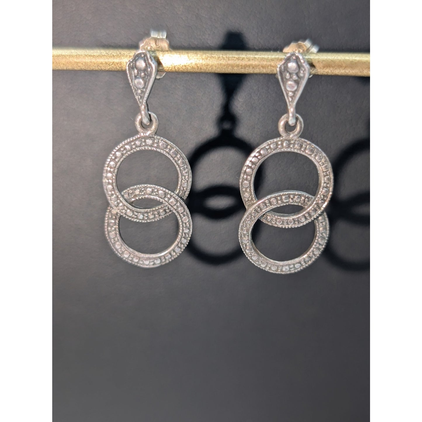 Vintage 925 Sterling Double Interlocking Rings Dangle Pierced Earrings