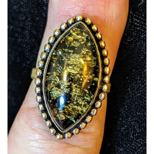 Vintage Baltic Green Amber 925 Sterling Silver Marquis Cut Ring Size 7.75