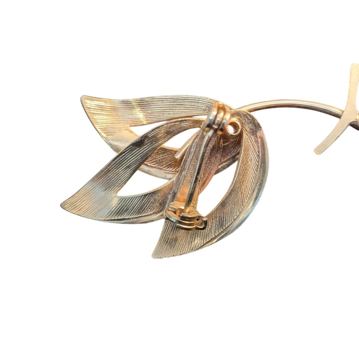 Vintage Gold Tone Textured Three Leaf Faux Pearl Brooch