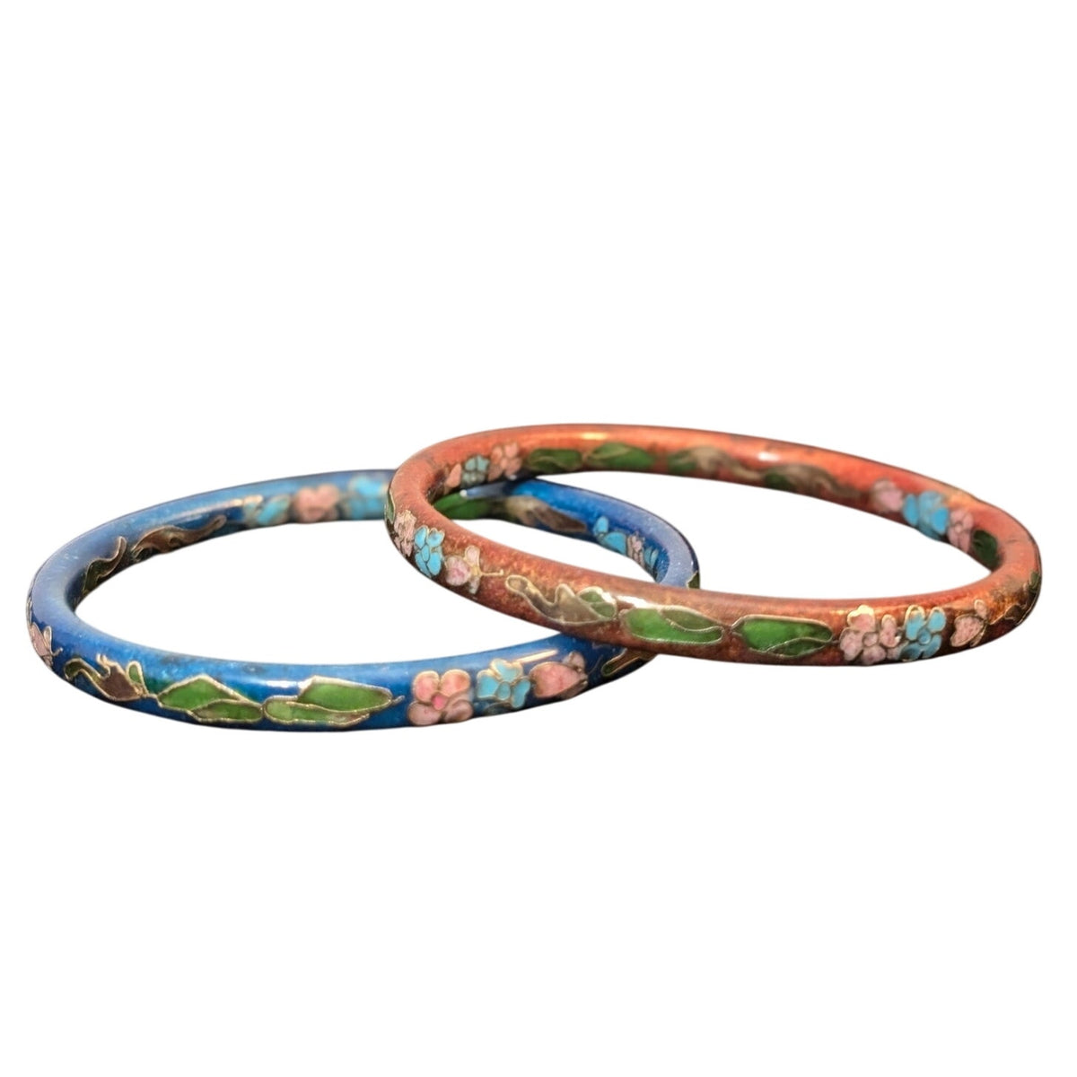 READ! Vtg 80s Cloisonné Floral Inside Outside Blue & Red Enamel Bangle Bracelets