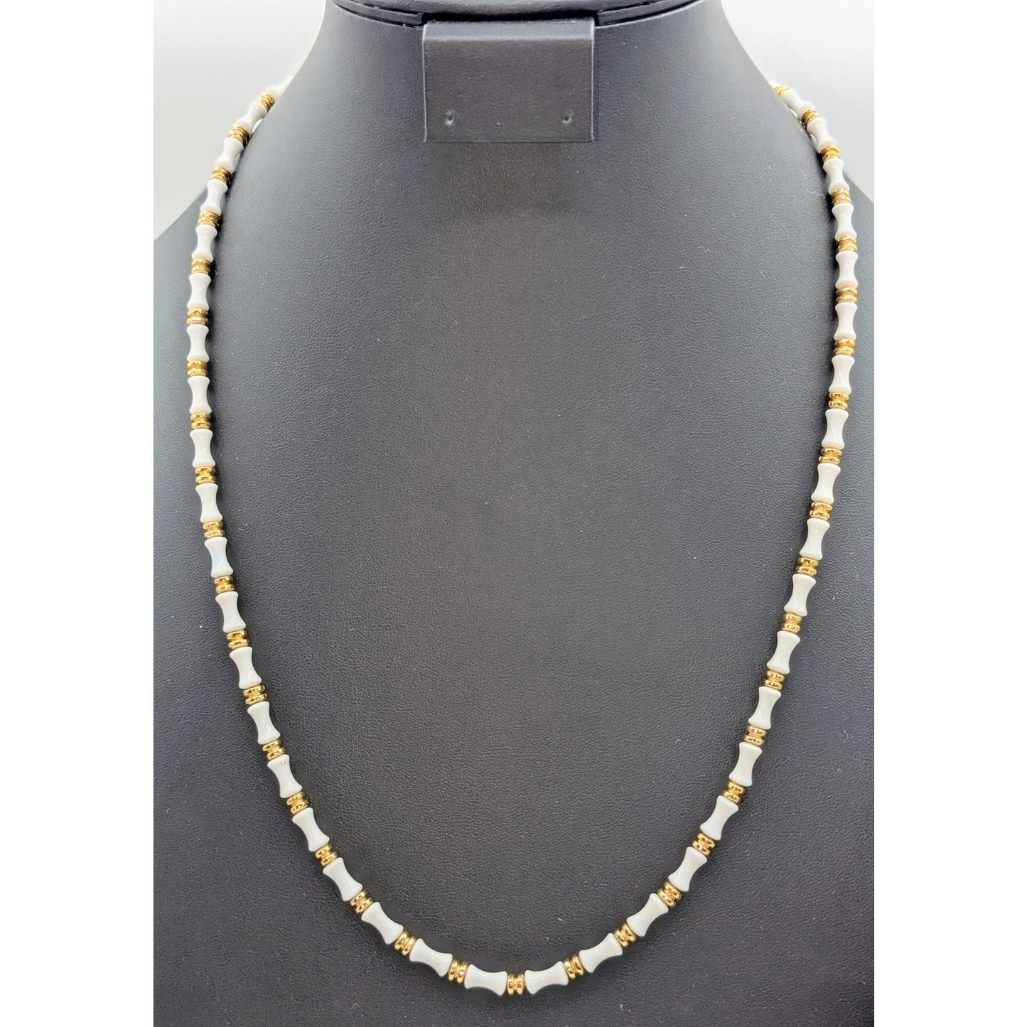 Vintage Monet White Glass & Gold Bead Bamboo or Bow Look 24" Necklace