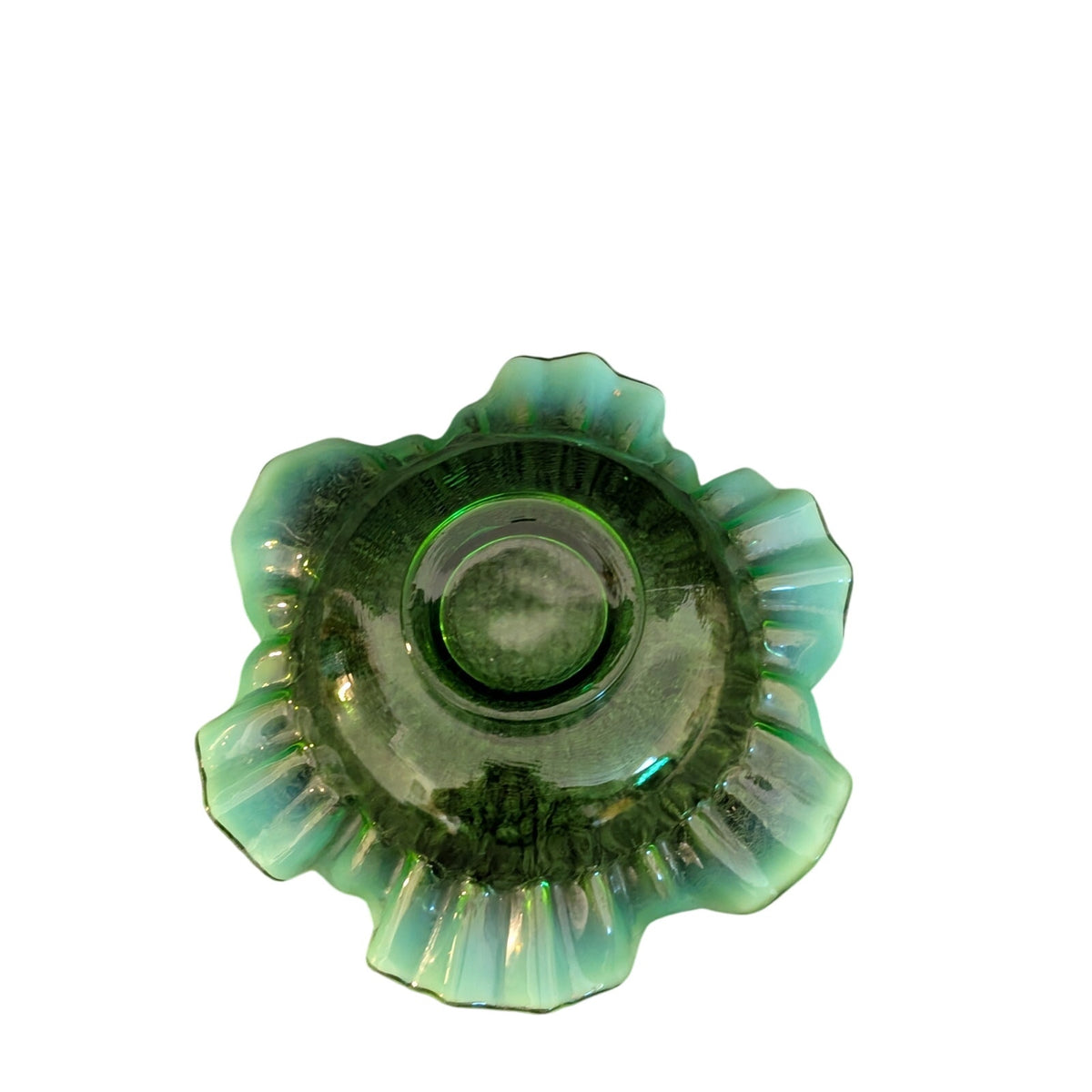 Vintage Green Opalescent Ruffled Edge Fenton Art Glass Bowl -- Read Description