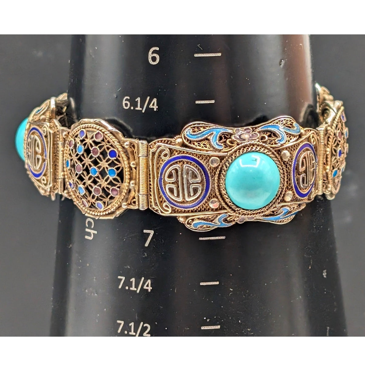 Antique 1900 Chinese Export .900 Silver Gilt Filigree Turquoise Enamel Bracelet