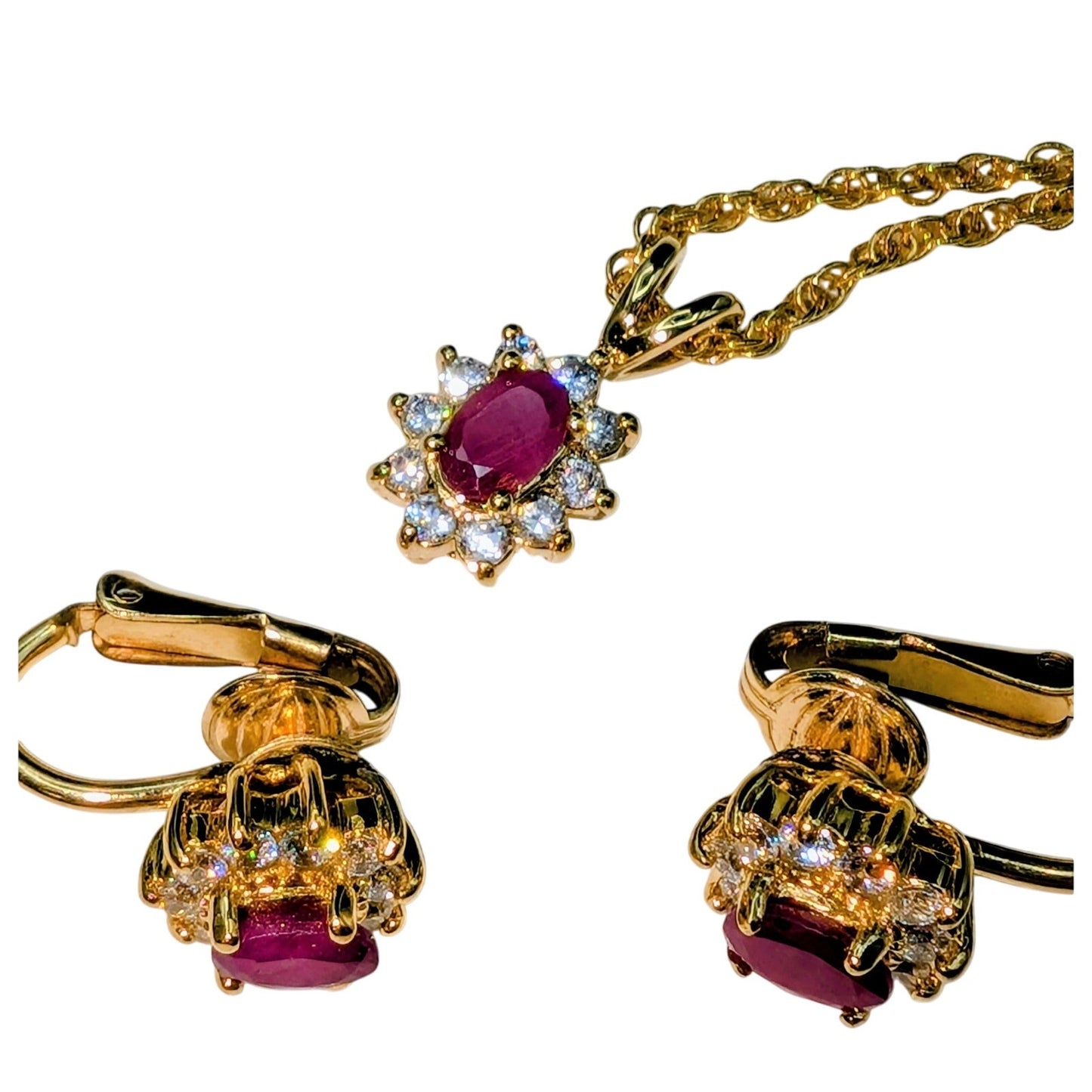 Vintage 1/20 14k Lab Created Ruby White Spinel Gold Tone Necklace & Earring Set