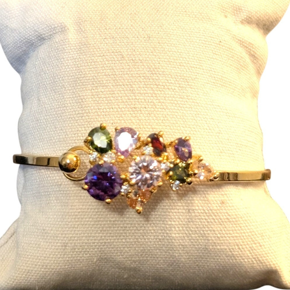 Gold Tone Multi-Color Crystal/CZ Stone Cluster Bangle Bracelet