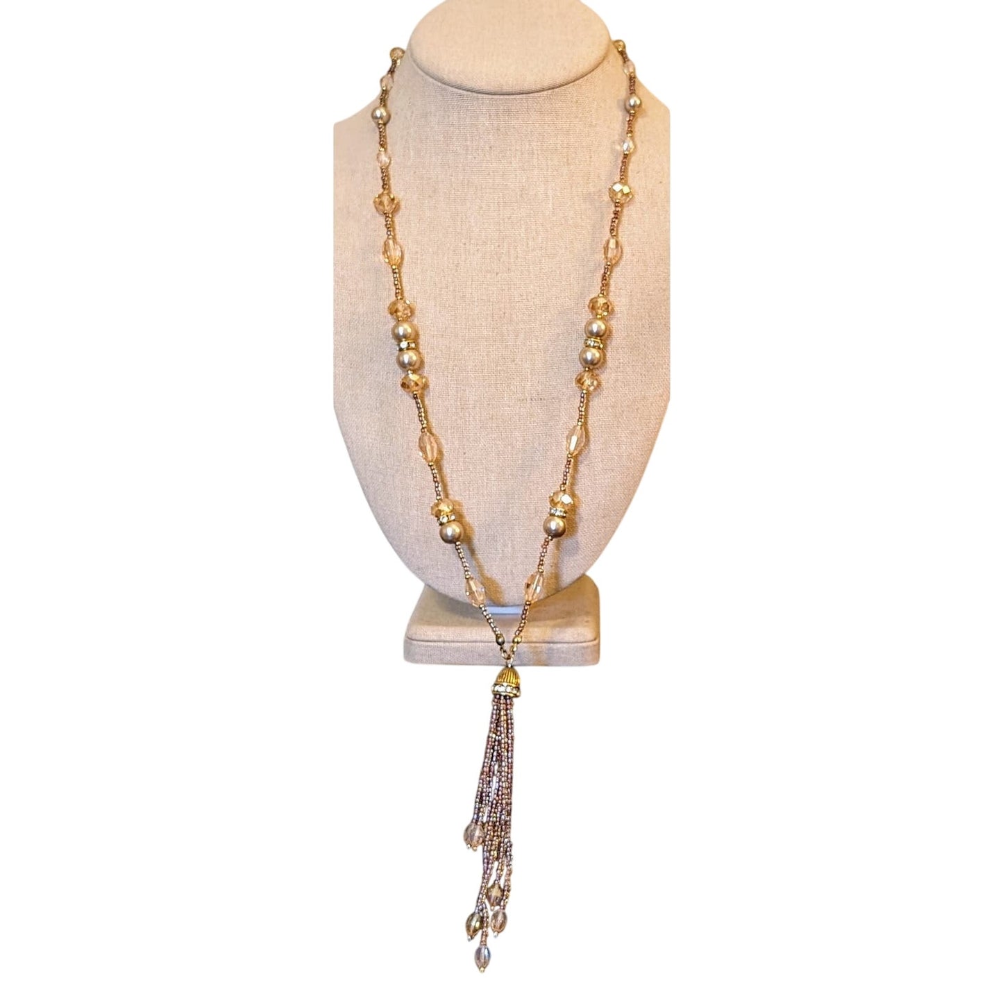 Champagne Crystal Faux Pearls & Rhinestone Rondelle Beaded Tassel Necklace