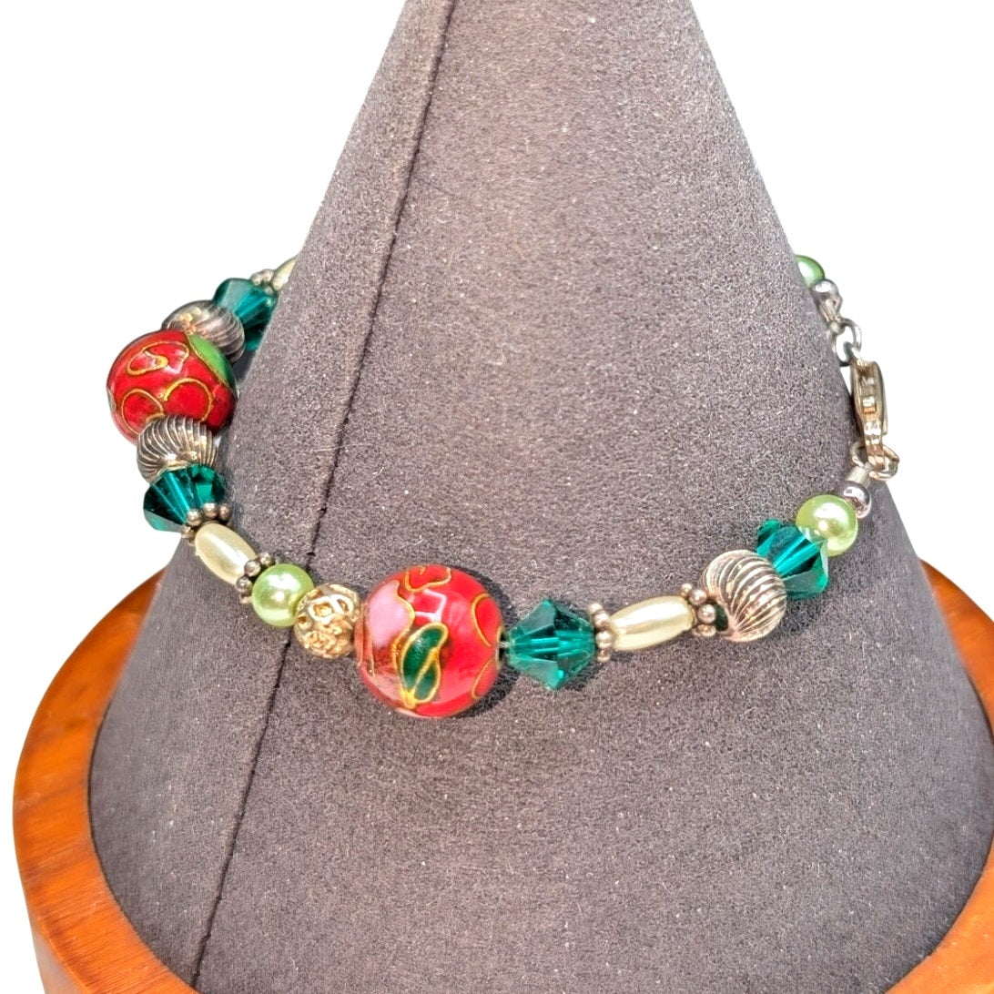 925 Sterling Silver Red Cloisonne Green Crystal Sterling Bead Bracelet