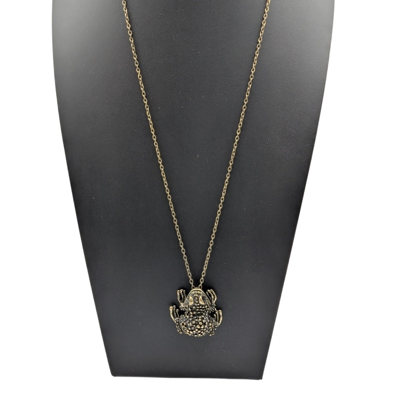 Antiqued Bronze Black Crystal Eye Metal Frog Pendant 30" Chain Necklace