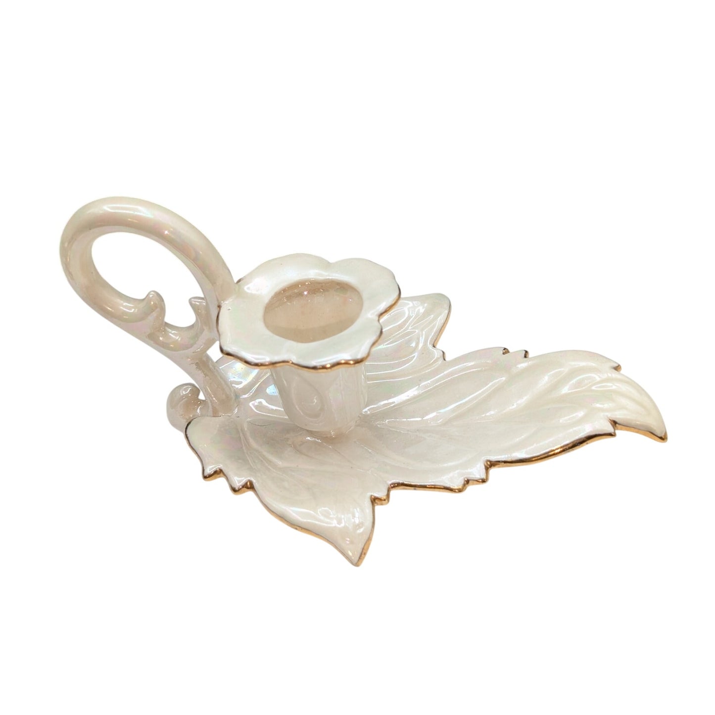 Vintage Signed 1953 Iridescent Cream Gold Trimmed Leaf Candle Holder