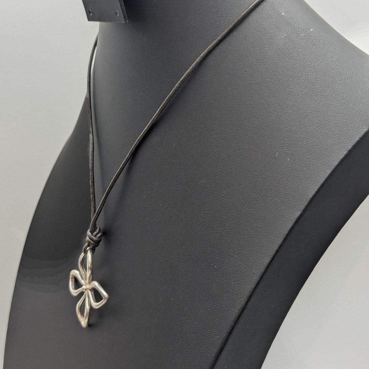 Fossil Silver Plated Flower Pendant Black Corded 18"-20" Necklace
