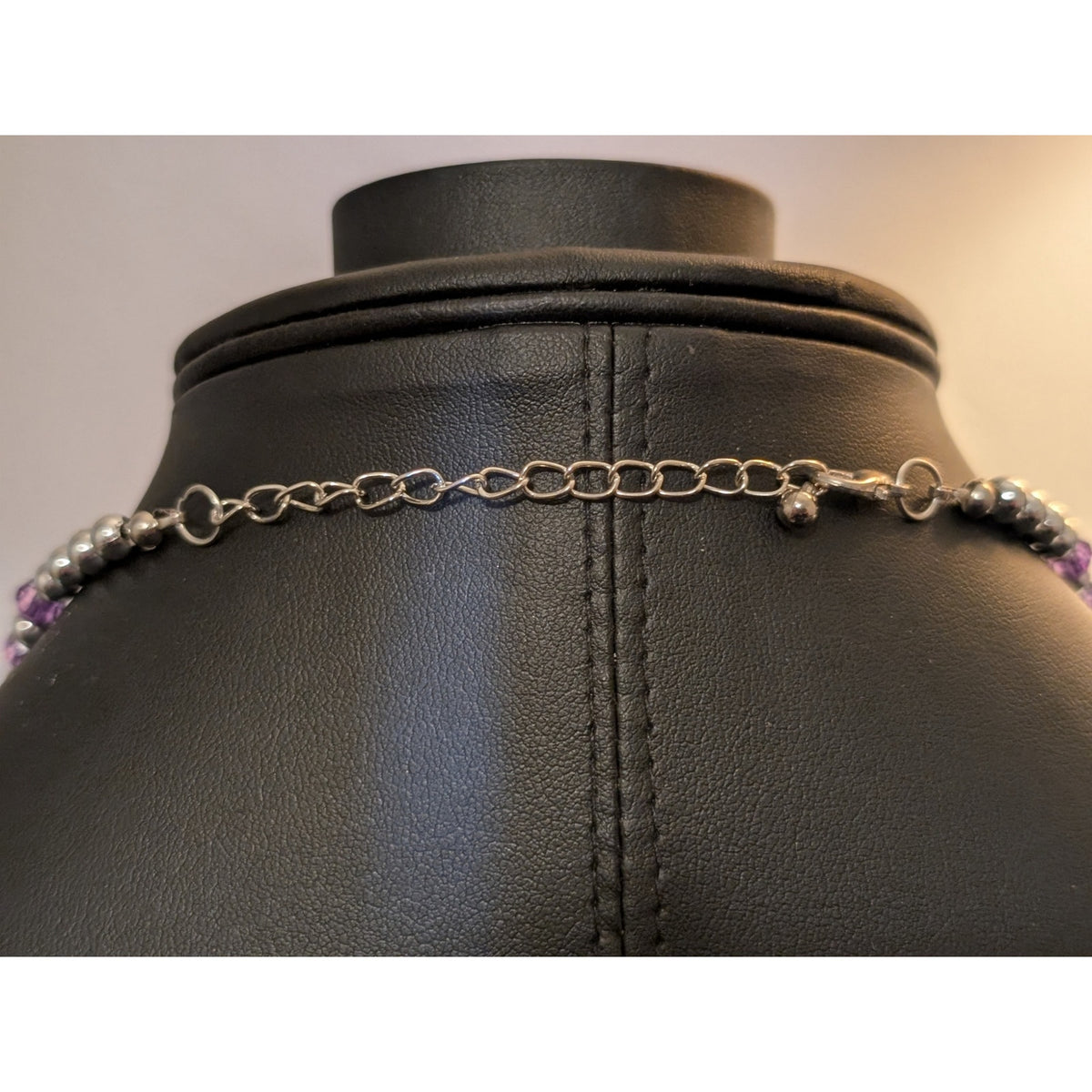 Amethyst Stone Purple Glass & Silver Tone Flower Bead 19.5"-22" Necklace