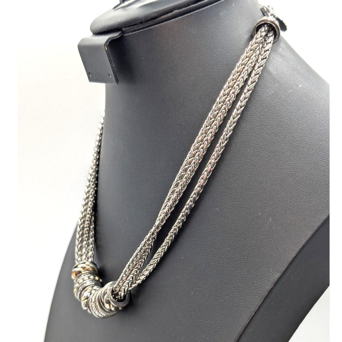 Chico's Silver Tone Triple Braided Chain Multi-Texture Rondelle Bead Necklace