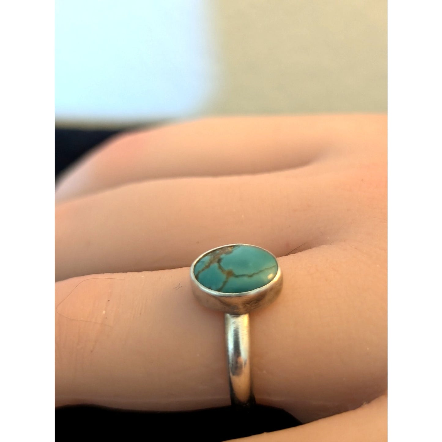 Vintage 925 Sterling Silver Bezel Set Oval Turquoise Ring Size 6.25