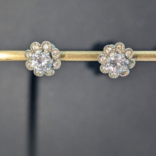Vintage 925 Sterling Silver CZ Flower Stud Earrings