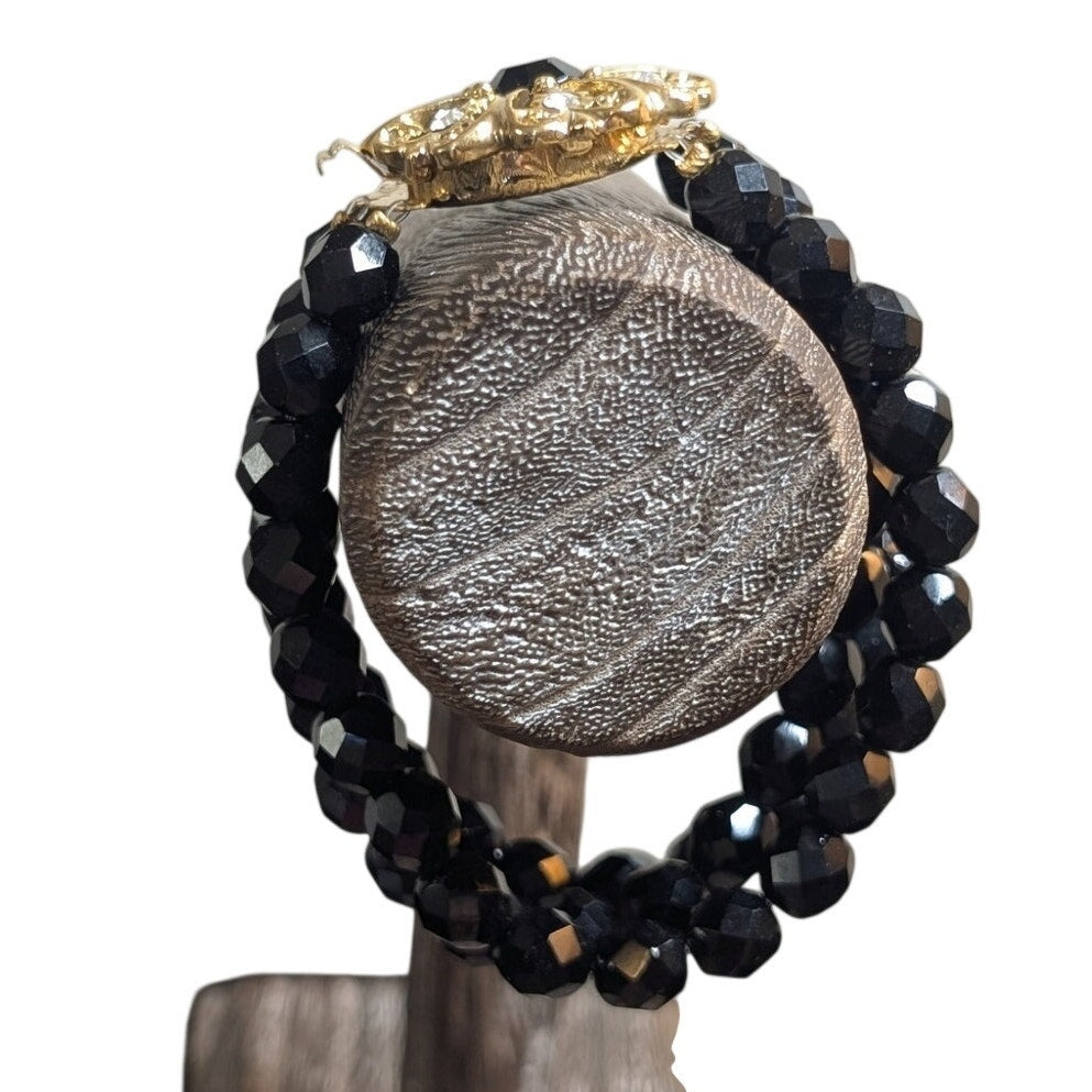 VTG Black Faceted Glass Bead Triple Strand Bracelet W/ Ornate Gold Tone Clasp