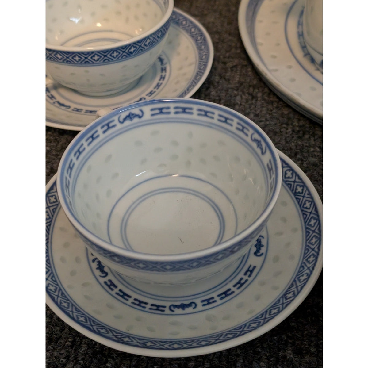 Vintage 1970s  Rice Grain Fifteen Piece Porcelain Blue White Dragon Tea Set