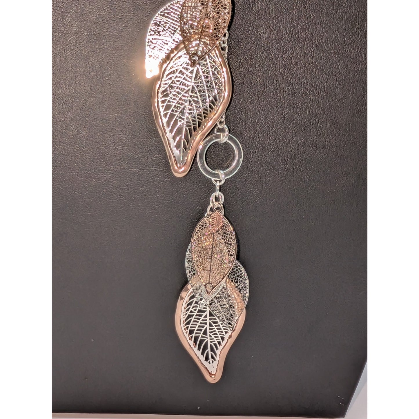 Silver & Rose Tone Dangle Veiny Leaf Dangles Long 30" Plus 6.25" Necklace