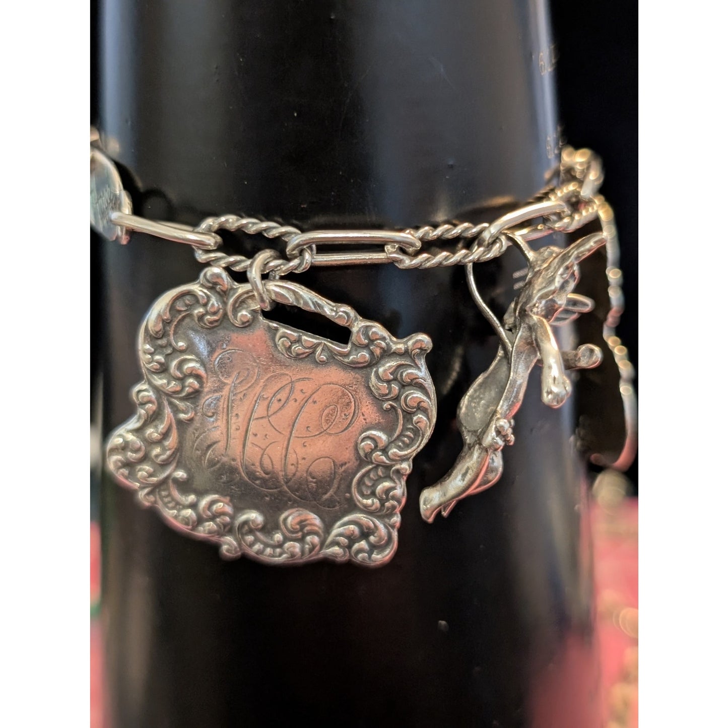 VTG T Foree Hunsicker Sterling Silver Engraved Luggage Tag Cherub Charm Bracelet