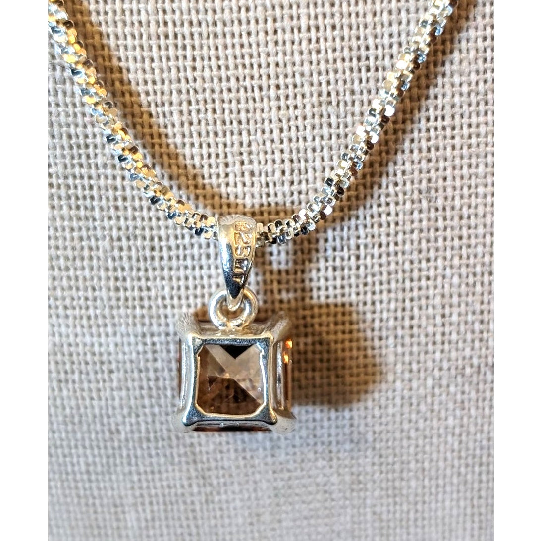 Square Cut Cushion Set Peachy Brown Crystal Pendant on 925 Sparkle Rock Chain