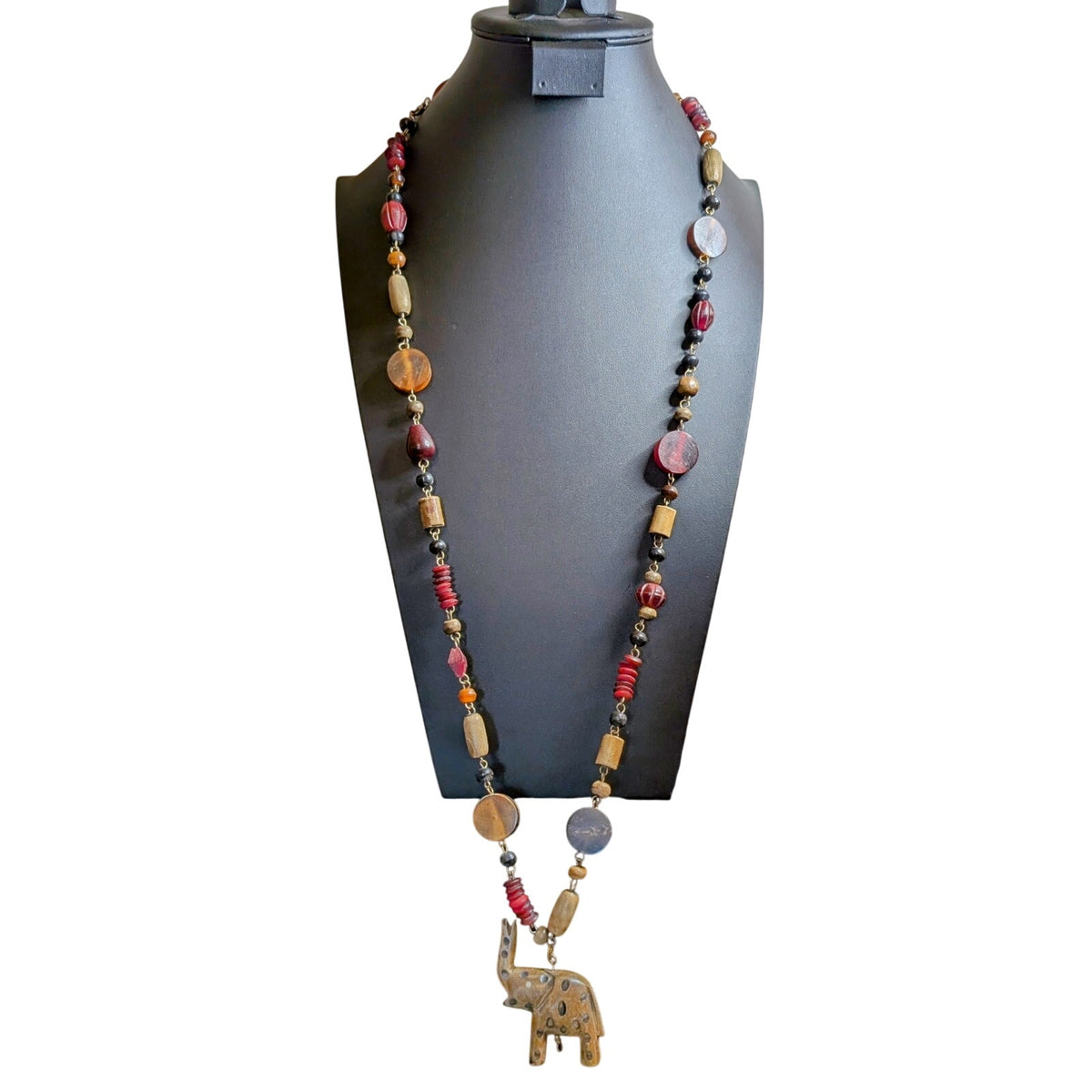 Vintage Tribal Carved Wood Elephant & Wood Bead 40" Necklace