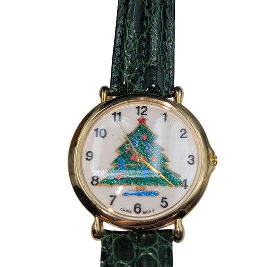 Women's Gold Tone Christmas Tree Dial Green Leather Band Watch