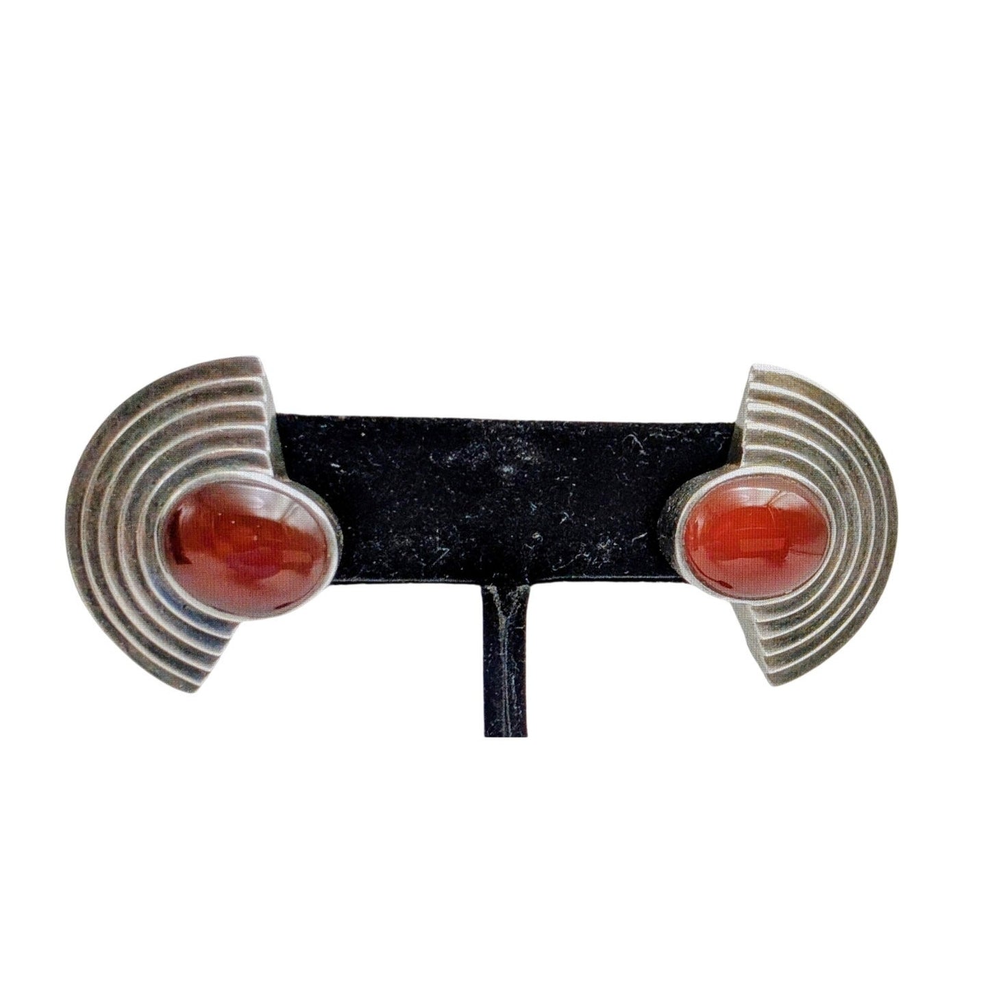 Vintage 80s Signed Nelson Levine Art Deco Style Carnelian Sterling Clip Earrings
